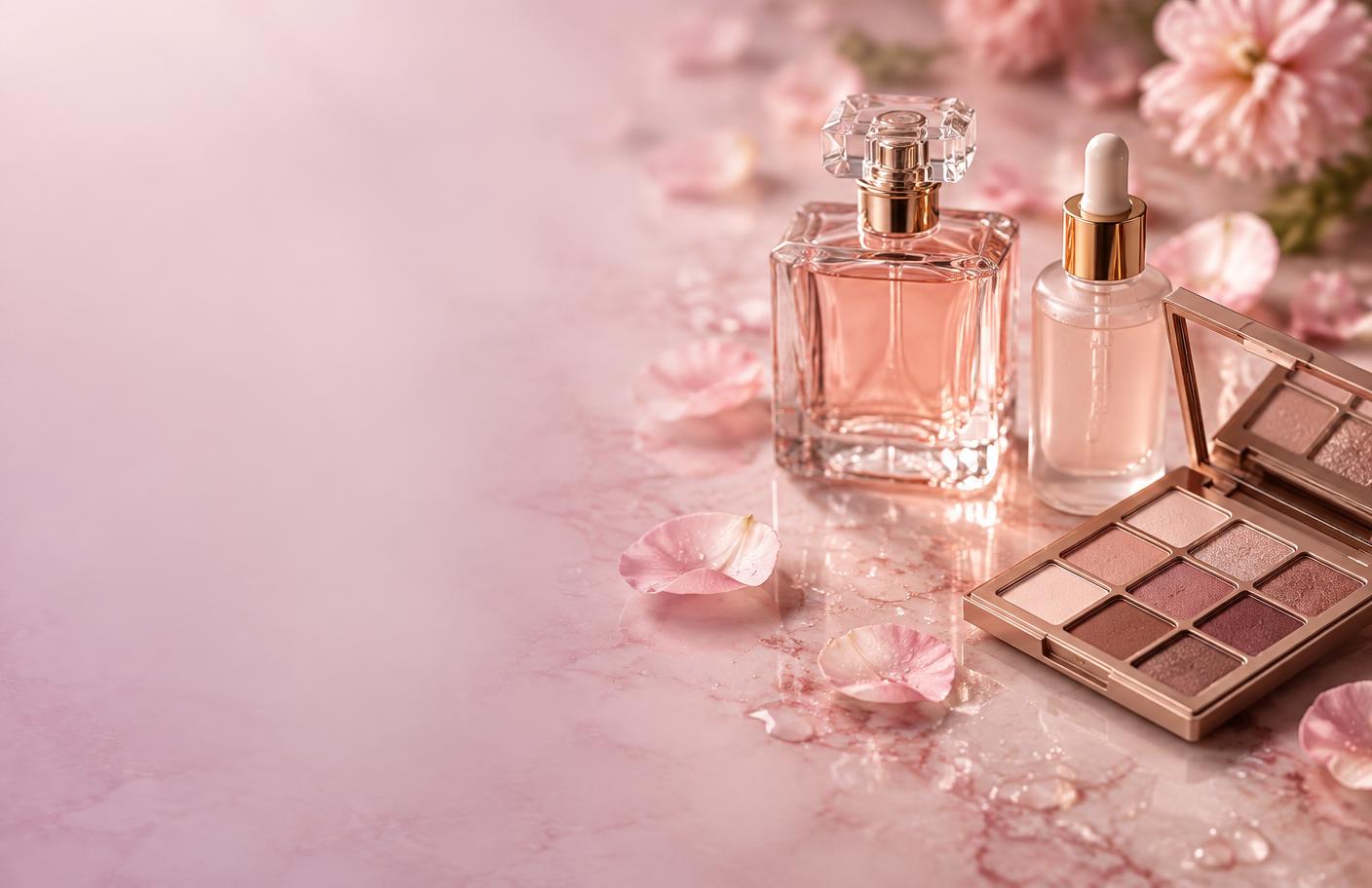 Perfume, sérum facial e paleta de maquiagem sobre uma superfície de mármore rosado