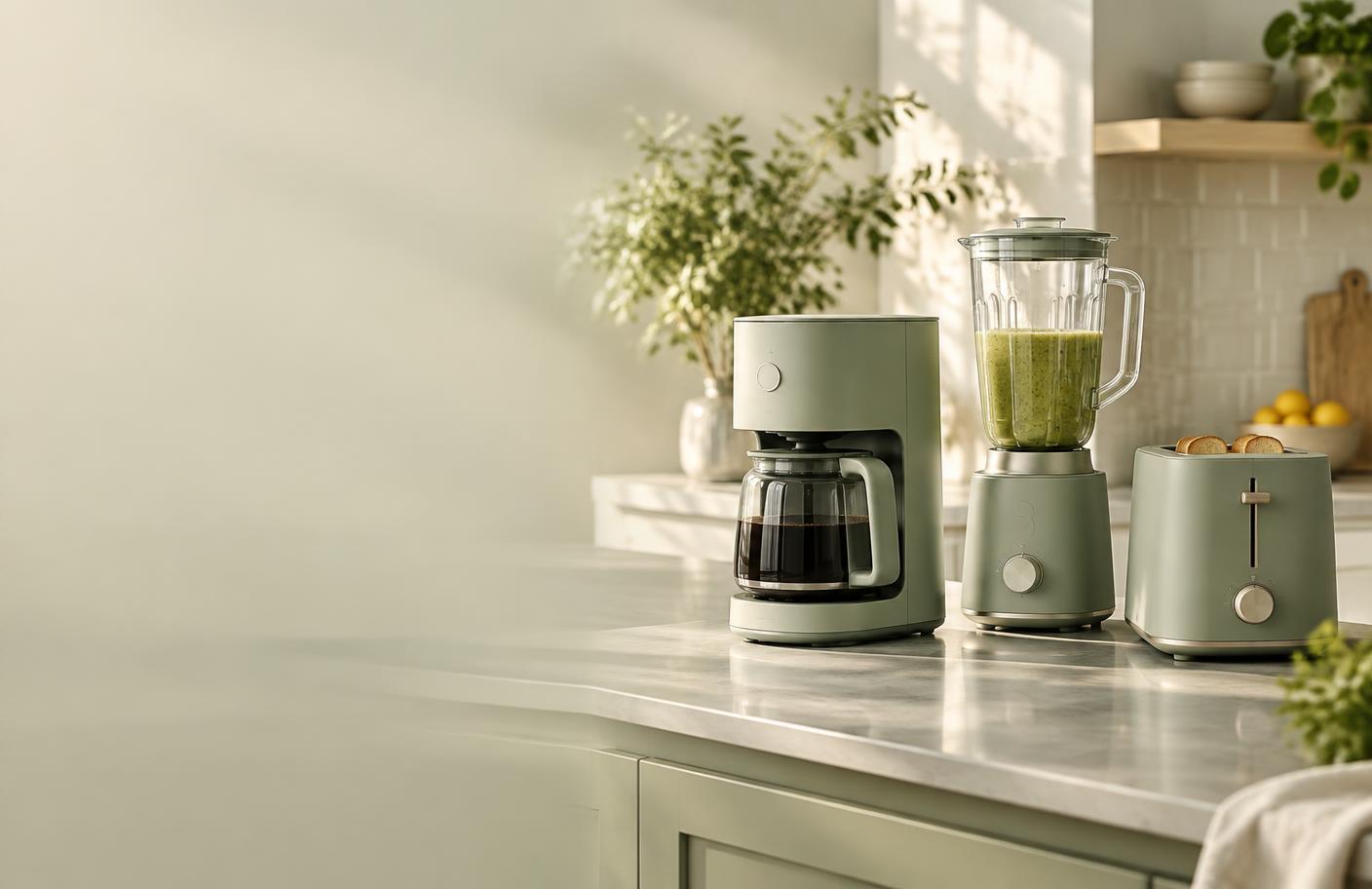 Cafeteira, liquidificador e torradeira em uma cozinha verde-sálvia