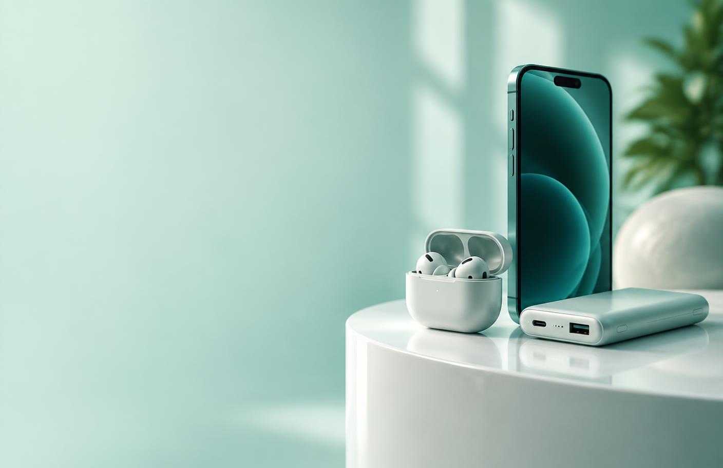 Smartphone, fones intra-auriculares e carregador portátil em um pedestal