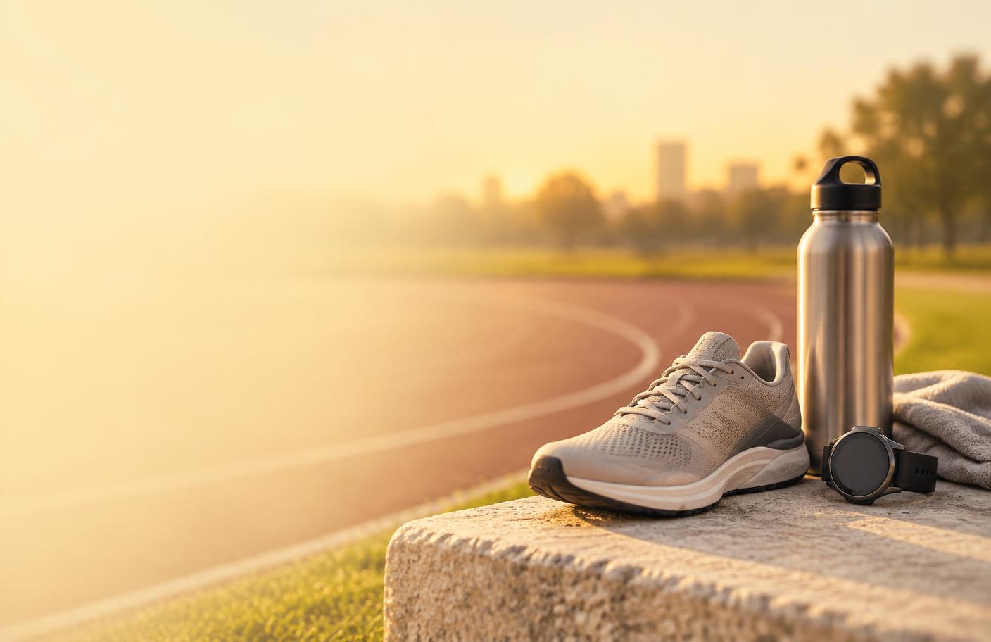 Tênis de corrida, garrafa térmica e relógio esportivo junto a uma pista